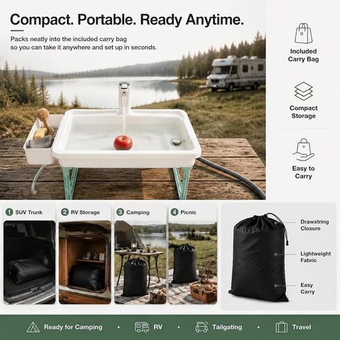 Portable Hand Washing Station with 2x15L Foldable Water Bag Water Dispensing System, Portable Sink with Drain Hose, No Plumbing Required, Camping Sink for Camping, RV, Outdoor(19.7in) in Kuwait
