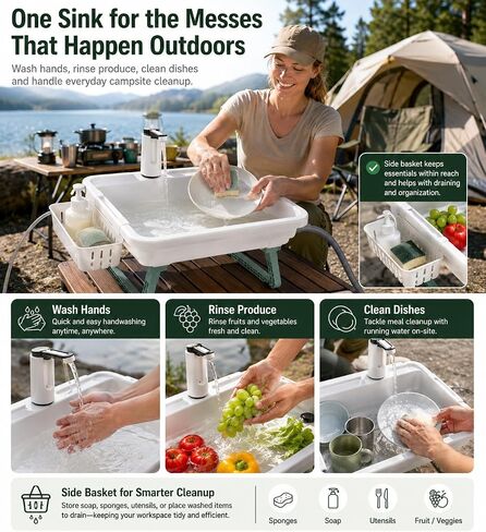 Portable Hand Washing Station with 2x15L Foldable Water Bag Water Dispensing System, Portable Sink with Drain Hose, No Plumbing Required, Camping Sink for Camping, RV, Outdoor(19.7in) in Kuwait