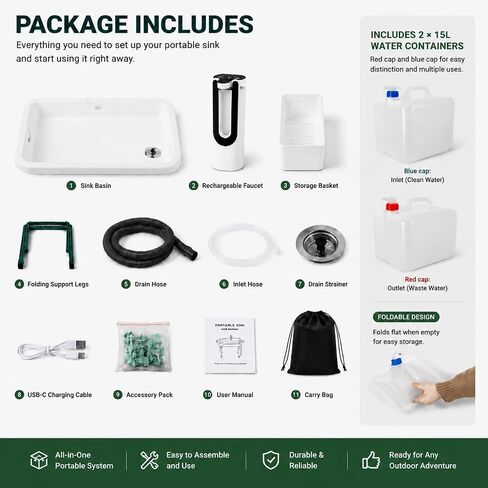 Portable Hand Washing Station with 2x15L Foldable Water Bag Water Dispensing System, Portable Sink with Drain Hose, No Plumbing Required, Camping Sink for Camping, RV, Outdoor(19.7in) in Kuwait