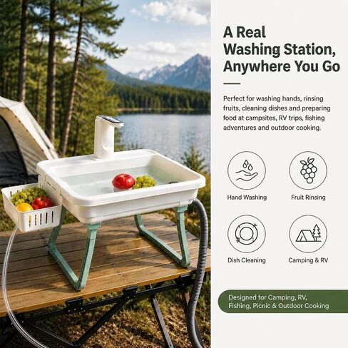 Portable Hand Washing Station with 2x15L Foldable Water Bag Water Dispensing System, Portable Sink with Drain Hose, No Plumbing Required, Camping Sink for Camping, RV, Outdoor(19.7in) in Kuwait