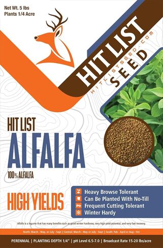 HIT LIST SEED®No Till Alfalfa Food Plot Seeds for Deer [Perennial] - Deer Food Plot Seed Seed and Grow - Deer Plot Seed Mix المعمرة بدون محراث - 100٪ البرسيم - زراعة الربيع والصيف والخريف - 10 رطل in Kuwait
