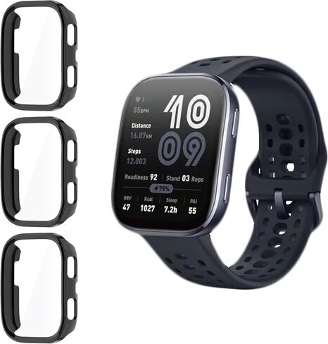 3 Pack Screen Protector Case for Amazfit Bip6 Full Cover with Built-in 9H Tempered Glass, Hard PC Shell- Black in Kuwait