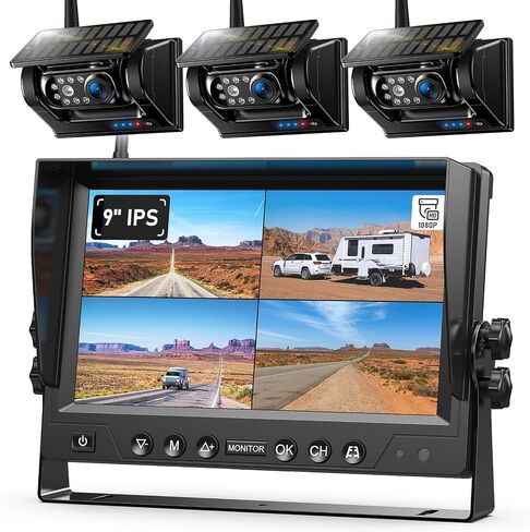 ZEROXCLUB 4 Magnetic Solar Wireless Backup Camera HD1080P 9" Loop Recording Monitor, Quad RV Rearview Backup Cameras Wireless System for Trailer RV Trucks, Built-in 9600mAh Solar Battery, BL904 in Saudi Arabia