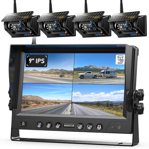 ZEROXCLUB 4 Magnetic Solar Wireless Backup Camera HD1080P 9" Loop Recording Monitor, Quad RV Rearview Backup Cameras Wireless System for Trailer RV Trucks, Built-in 9600mAh Solar Battery, BL904 in Saudi Arabia