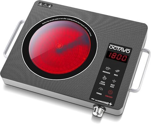 OCTAVO 1800 Watt Portable Infrared Burner, electric burner with 4 Hours Timer, Electric Hot Plate Touch Control Panel Adjustable Heating Power, Glass Cooktop for Cooking in Kuwait