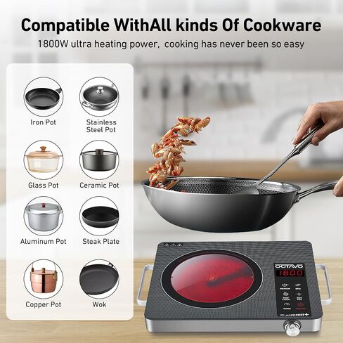 OCTAVO 1800 Watt Portable Infrared Burner, electric burner with 4 Hours Timer, Electric Hot Plate Touch Control Panel Adjustable Heating Power, Glass Cooktop for Cooking in Kuwait