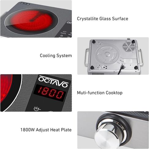 OCTAVO 1800 Watt Portable Infrared Burner, electric burner with 4 Hours Timer, Electric Hot Plate Touch Control Panel Adjustable Heating Power, Glass Cooktop for Cooking in Kuwait