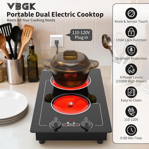 VBGK Electric Cooktop,110V 2100W electric Stove Top with Knob Control,Countertop/Built-in Design with 9 Power Levels,Kids Lock & Timer, Overheat Protection,and touch control 2 burner electric Cooktop. in Saudi Arabia