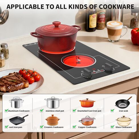 VBGK Electric Cooktop,110V 2100W electric Stove Top with Knob Control,Countertop/Built-in Design with 9 Power Levels,Kids Lock & Timer, Overheat Protection,and touch control 2 burner electric Cooktop. in Saudi Arabia