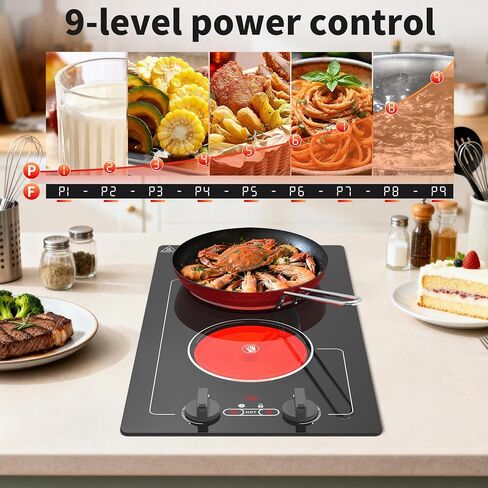 VBGK Electric Cooktop,110V 2100W electric Stove Top with Knob Control,Countertop/Built-in Design with 9 Power Levels,Kids Lock & Timer, Overheat Protection,and touch control 2 burner electric Cooktop. in Saudi Arabia