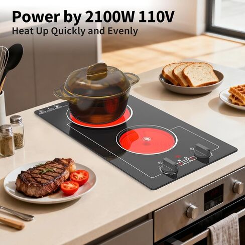 VBGK Electric Cooktop,110V 2100W electric Stove Top with Knob Control,Countertop/Built-in Design with 9 Power Levels,Kids Lock & Timer, Overheat Protection,and touch control 2 burner electric Cooktop. in Saudi Arabia