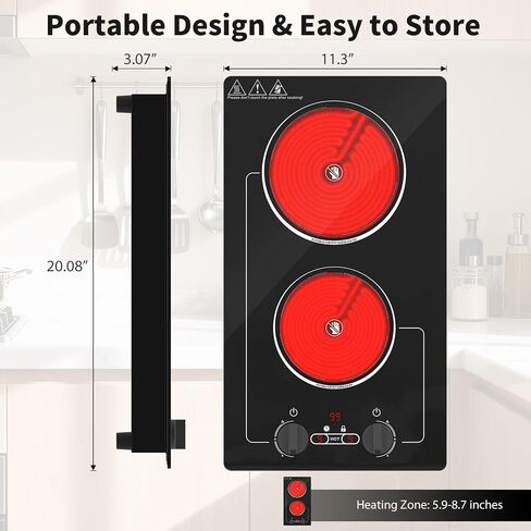 VBGK Electric Cooktop,110V 2100W electric Stove Top with Knob Control,Countertop/Built-in Design with 9 Power Levels,Kids Lock & Timer, Overheat Protection,and touch control 2 burner electric Cooktop. in Saudi Arabia