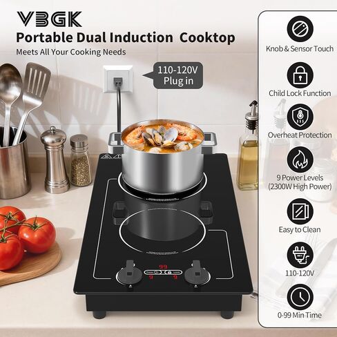 VBGK Induction Cooktop,110V 2300W 2 burner hot plate with Knob Control,9 Power Levels, Kids Lock & Timer,LED touch control,Overheat Protection Electric stove,2 burner induction cooktop in Saudi Arabia