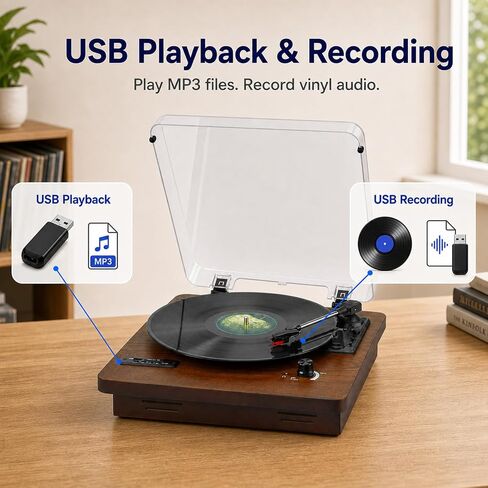 مشغل تسجيل فينيل مع مدخل/مخرج بلوتوث، راديو FM، تشغيل وتسجيل USB/SD، قرص دوار 3 سرعات مع مكبرات صوت مدمجة، مخرج RCA، مدخل AUX، مقبس سماعة الأذن in Kuwait