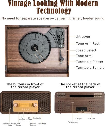 OTIC Vinyl Record Player with Built-in Speakers & Bluetooth, Retro Wood in Saudi Arabia