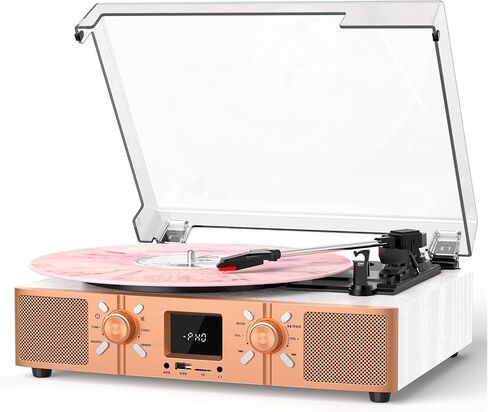 Vinyl Record Player with Built-in Speakers, Bluetooth Turntable for Vinyl Records, 3-Speed Belt-Driven LP Player, USB/Micro SD Recording, FM Radio, RCA/AUX/Headphone Jack, White Rose Gold in Kuwait