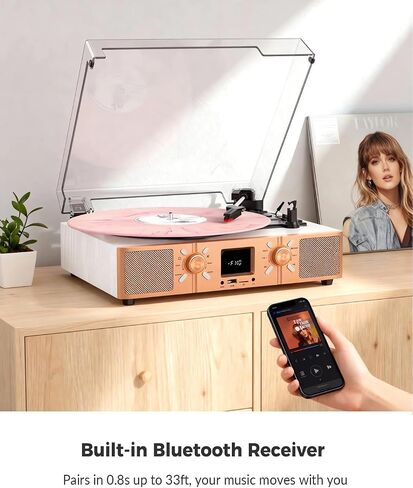 Vinyl Record Player with Built-in Speakers, Bluetooth Turntable for Vinyl Records, 3-Speed Belt-Driven LP Player, USB/Micro SD Recording, FM Radio, RCA/AUX/Headphone Jack, White Rose Gold in Kuwait
