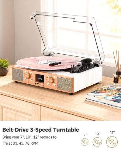 Vinyl Record Player with Built-in Speakers, Bluetooth Turntable for Vinyl Records, 3-Speed Belt-Driven LP Player, USB/Micro SD Recording, FM Radio, RCA/AUX/Headphone Jack, White Rose Gold in Kuwait