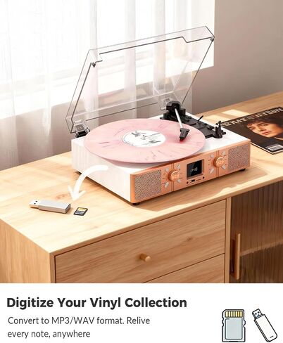 Vinyl Record Player with Built-in Speakers, Bluetooth Turntable for Vinyl Records, 3-Speed Belt-Driven LP Player, USB/Micro SD Recording, FM Radio, RCA/AUX/Headphone Jack, White Rose Gold in Kuwait