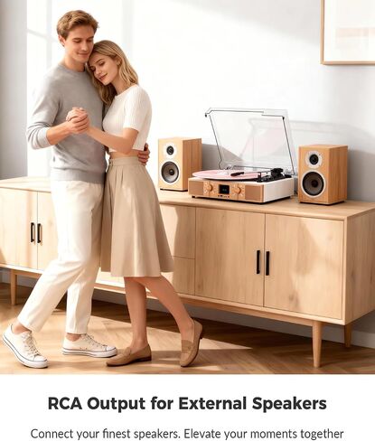 Vinyl Record Player with Built-in Speakers, Bluetooth Turntable for Vinyl Records, 3-Speed Belt-Driven LP Player, USB/Micro SD Recording, FM Radio, RCA/AUX/Headphone Jack, White Rose Gold in Kuwait