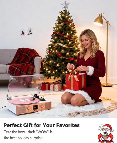Vinyl Record Player with Built-in Speakers, Bluetooth Turntable for Vinyl Records, 3-Speed Belt-Driven LP Player, USB/Micro SD Recording, FM Radio, RCA/AUX/Headphone Jack, White Rose Gold in Kuwait