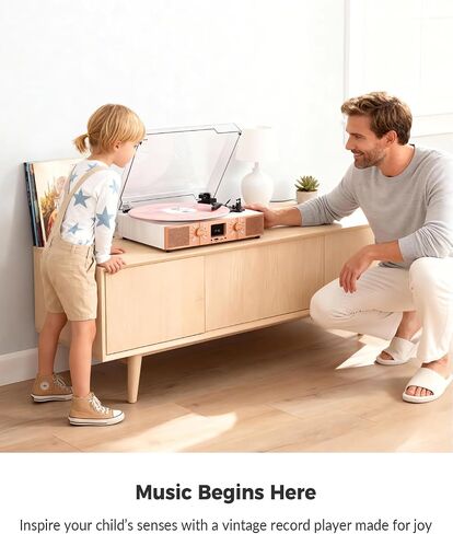 Vinyl Record Player with Built-in Speakers, Bluetooth Turntable for Vinyl Records, 3-Speed Belt-Driven LP Player, USB/Micro SD Recording, FM Radio, RCA/AUX/Headphone Jack, White Rose Gold in Kuwait