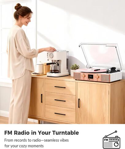 Vinyl Record Player with Built-in Speakers, Bluetooth Turntable for Vinyl Records, 3-Speed Belt-Driven LP Player, USB/Micro SD Recording, FM Radio, RCA/AUX/Headphone Jack, White Rose Gold in Kuwait