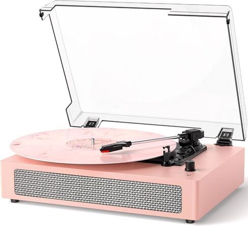 Vinyl Record Player Vintage 3-Speed Wireless Bluetooth Turntable with Belt-Drive, Built-in Stereo Speakers, RCA Output, AUX in, Auto Stop, Pink LP Player in Kuwait