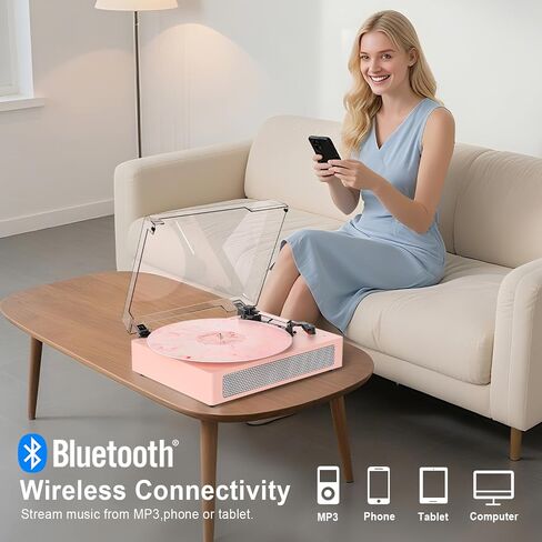 Vinyl Record Player Vintage 3-Speed Wireless Bluetooth Turntable with Belt-Drive, Built-in Stereo Speakers, RCA Output, AUX in, Auto Stop, Pink LP Player in Kuwait