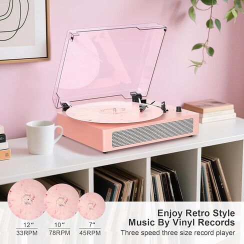 Vinyl Record Player Vintage 3-Speed Wireless Bluetooth Turntable with Belt-Drive, Built-in Stereo Speakers, RCA Output, AUX in, Auto Stop, Pink LP Player in Kuwait