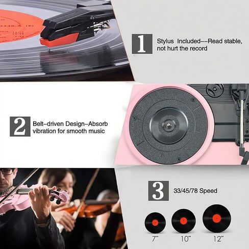 Vinyl Record Player Vintage 3-Speed Wireless Bluetooth Turntable with Belt-Drive, Built-in Stereo Speakers, RCA Output, AUX in, Auto Stop, Pink LP Player in Kuwait