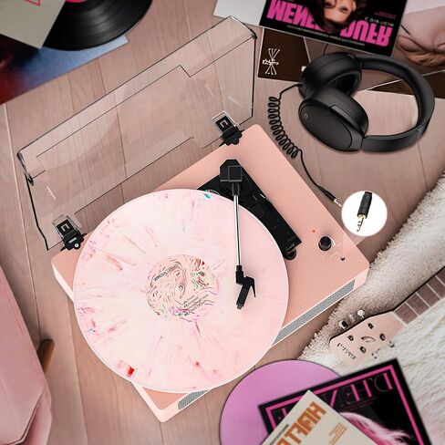 Vinyl Record Player Vintage 3-Speed Wireless Bluetooth Turntable with Belt-Drive, Built-in Stereo Speakers, RCA Output, AUX in, Auto Stop, Pink LP Player in Kuwait