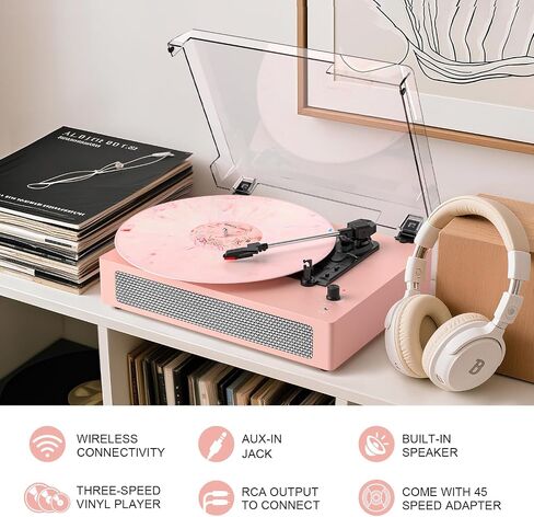 Vinyl Record Player Vintage 3-Speed Wireless Bluetooth Turntable with Belt-Drive, Built-in Stereo Speakers, RCA Output, AUX in, Auto Stop, Pink LP Player in Kuwait