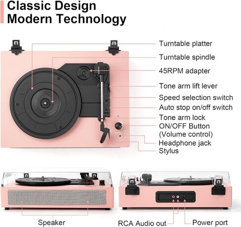 Vinyl Record Player Vintage 3-Speed Wireless Bluetooth Turntable with Belt-Drive, Built-in Stereo Speakers, RCA Output, AUX in, Auto Stop, Pink LP Player in Kuwait