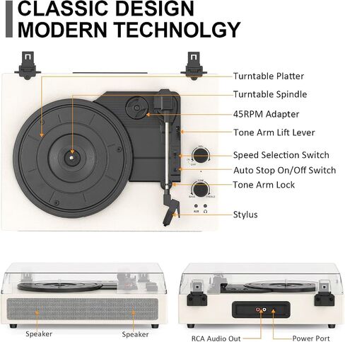 White Bluetooth Record Player, Vintage 3-Speed Turntable in Kuwait