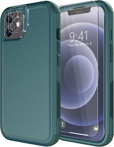 Diverbox for iPhone 12 case [Shockproof] [Dropproof] [Tempered Glass Screen Protector],Heavy Duty Protection Phone Case Cover for Apple iPhone 12 (12-Black-3in1) in Saudi Arabia
