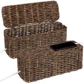 2 Pack Handwoven Cable Management Box with Lid, Decorative Cord Organizer for Power Strips, Chargers, TV Wires, Desk, Home & Office Storage, Plastic Rattan Tube in Kuwait
