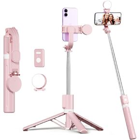Selfie Stick with Rechargable Remote & Light (1PC), Tripod for iPhone, Cell Phone Stand for Video Recording, Portable Travel Essentials Smartphone Mount Holder, Extendable Vlogging Filming Accessories in Saudi Arabia
