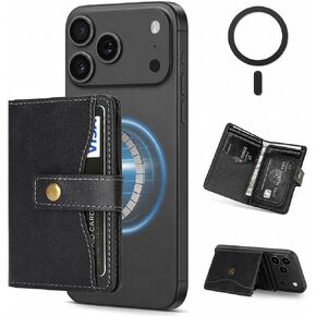 Magnetic Wallet Compatible with MagSafe,RFID Blocking PU Leather Card Holder,4 Card Slots,Cash Pocket,Photo ID Window,Snap Button,Magnetic Ring Included,Compatible with iPhone&Android Cases,Black in Kuwait