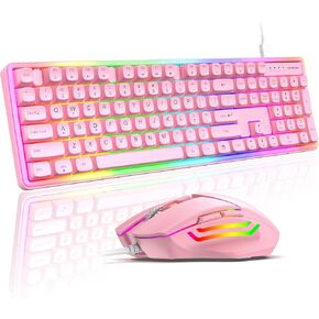 Wired RGB Keyboard and Mouse Combo, Adjustable Rainbow Backlit, 104-Key Full-Size with Numpad, 6400 DPI Ergonomic High-Precision Mouse, Plug & Play, for PC Laptop Mac Windows Mac Office Gaming (Pink) in Kuwait