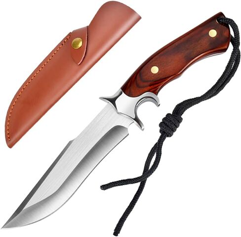 Outdoor Fixed Blade D2 Steel Knife with Wooden Handle - Red Brown Survival Knife with Leather Sheath for Men - Camping, Hiking, Adventure in Kuwait