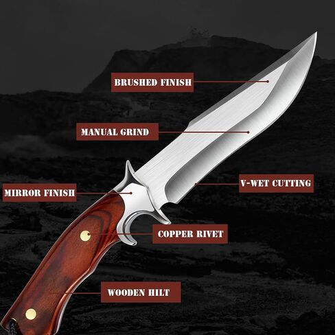 Outdoor Fixed Blade D2 Steel Knife with Wooden Handle - Red Brown Survival Knife with Leather Sheath for Men - Camping, Hiking, Adventure in Kuwait