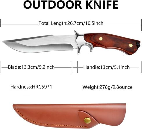 Outdoor Fixed Blade D2 Steel Knife with Wooden Handle - Red Brown Survival Knife with Leather Sheath for Men - Camping, Hiking, Adventure in Kuwait