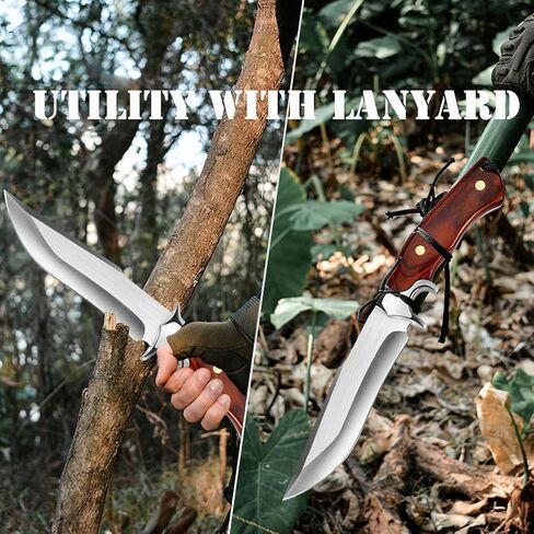 Outdoor Fixed Blade D2 Steel Knife with Wooden Handle - Red Brown Survival Knife with Leather Sheath for Men - Camping, Hiking, Adventure in Kuwait