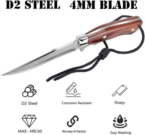 Outdoor Fixed Blade D2 Steel Knife with Wooden Handle - Red Brown Survival Knife with Leather Sheath for Men - Camping, Hiking, Adventure in Kuwait