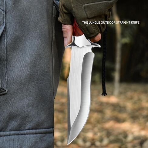 Outdoor Fixed Blade D2 Steel Knife with Wooden Handle - Red Brown Survival Knife with Leather Sheath for Men - Camping, Hiking, Adventure in Kuwait