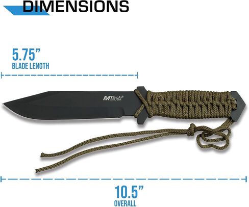 MTech USA – Fixed Blade Knife –Black Stainless Steel Blade, Green Cord Wrapped Handle, Full Tang, Includes Nylon Sheath - Hunting, Camping, Survival, Tactical, EDC – MT-528C, Small in Kuwait
