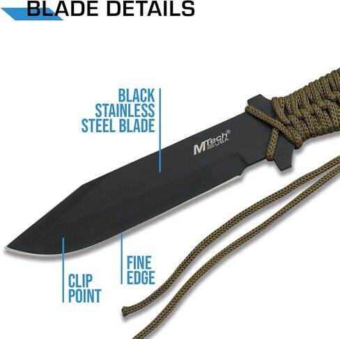 MTech USA – Fixed Blade Knife –Black Stainless Steel Blade, Green Cord Wrapped Handle, Full Tang, Includes Nylon Sheath - Hunting, Camping, Survival, Tactical, EDC – MT-528C, Small in Kuwait