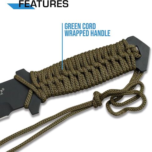 MTech USA – Fixed Blade Knife –Black Stainless Steel Blade, Green Cord Wrapped Handle, Full Tang, Includes Nylon Sheath - Hunting, Camping, Survival, Tactical, EDC – MT-528C, Small in Kuwait