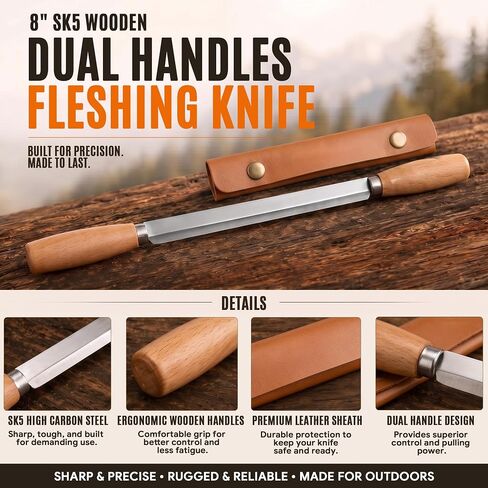 Fleshing Knife, 8" SK5 Steel Hide Scraper with Dual Handles in Saudi Arabia